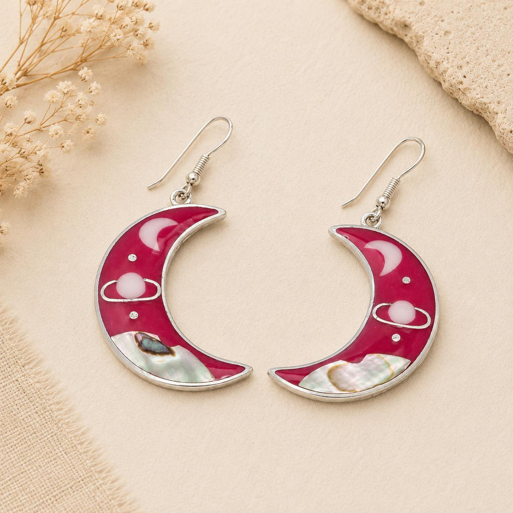Pink Moon Saturn Abalone Earrings – Silver Plated Celestial Inlay Jewelry