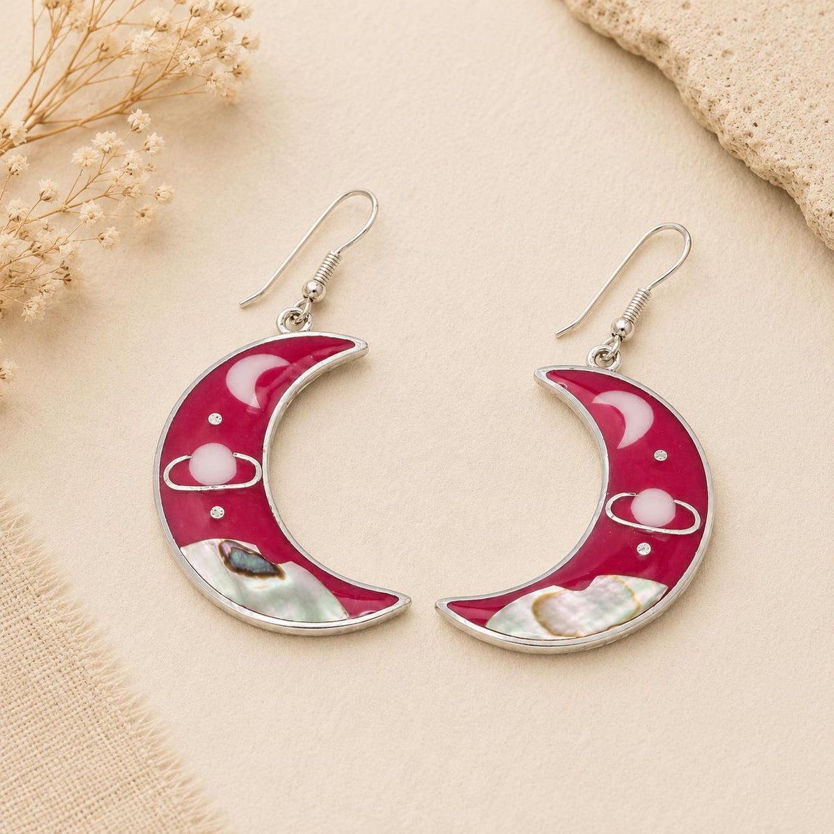 Pink Moon Saturn Abalone Earrings – Silver Plated Celestial Inlay Jewelry