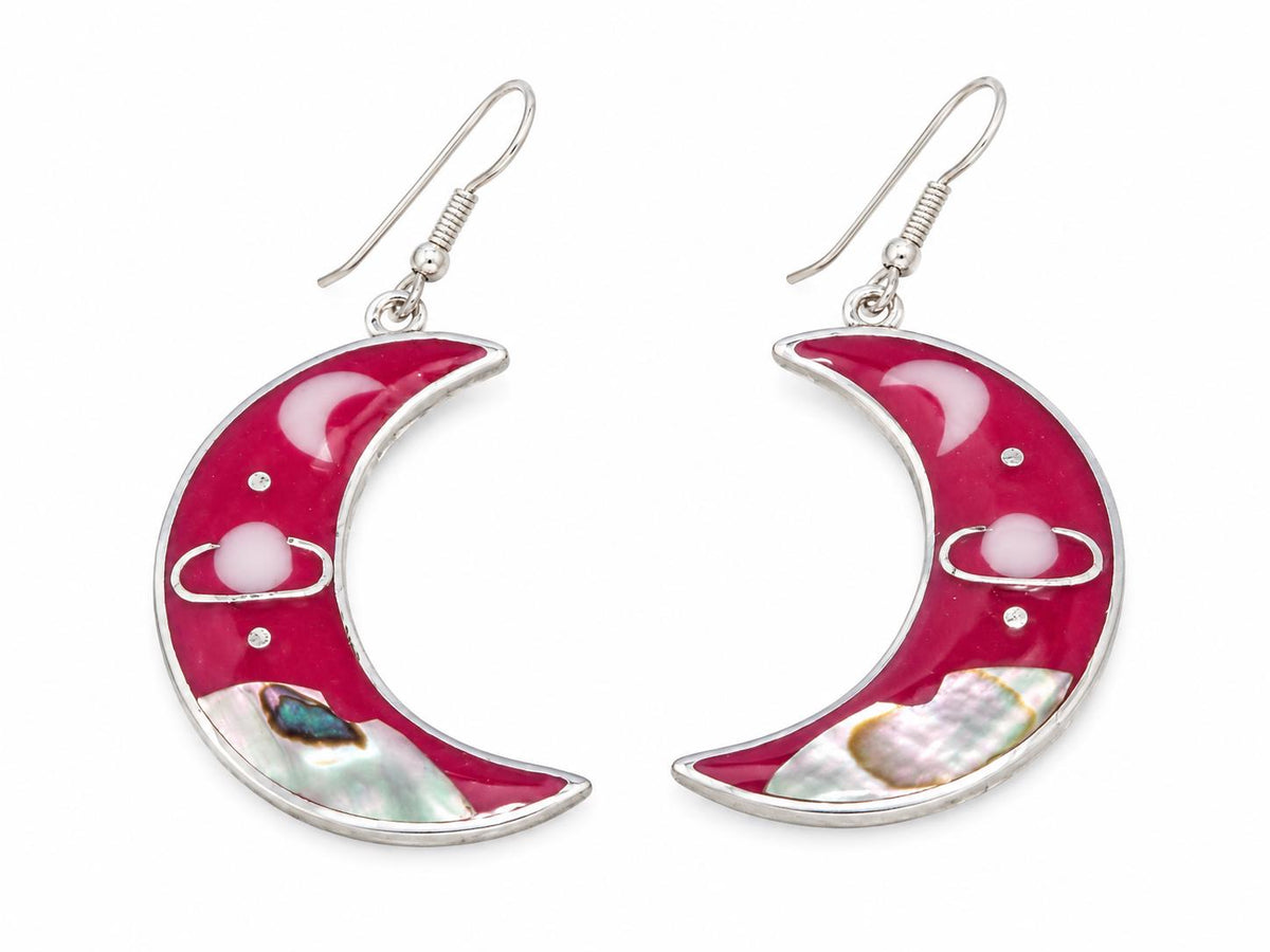 Pink Moon Saturn Abalone Earrings – Silver Plated Celestial Inlay Jewelry