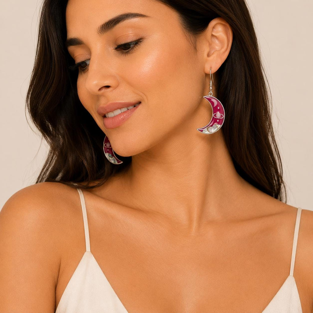 Pink Moon Saturn Abalone Earrings – Silver Plated Celestial Inlay Jewelry
