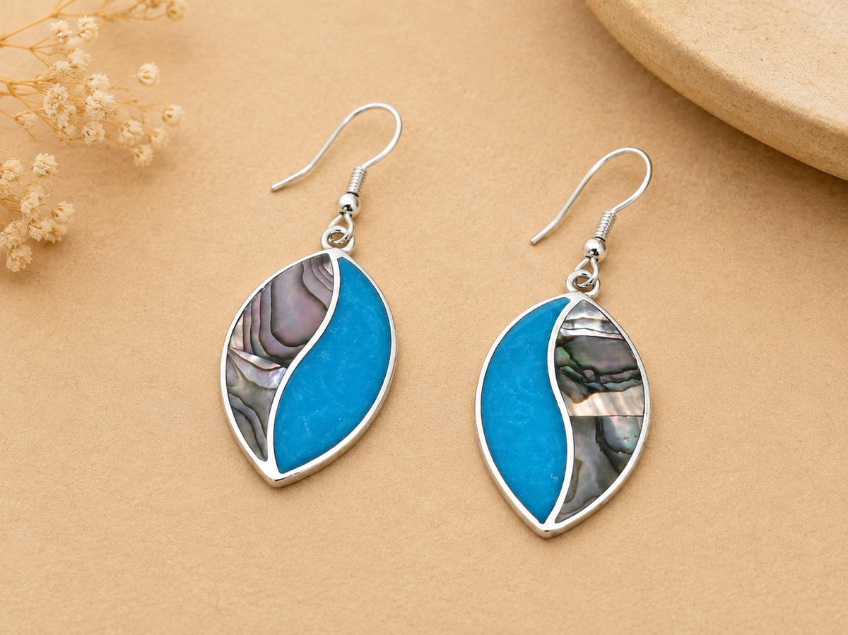Handcrafted Mexican Abalone Shell Earrings, Blue Enamel, 950 Silver Dangle