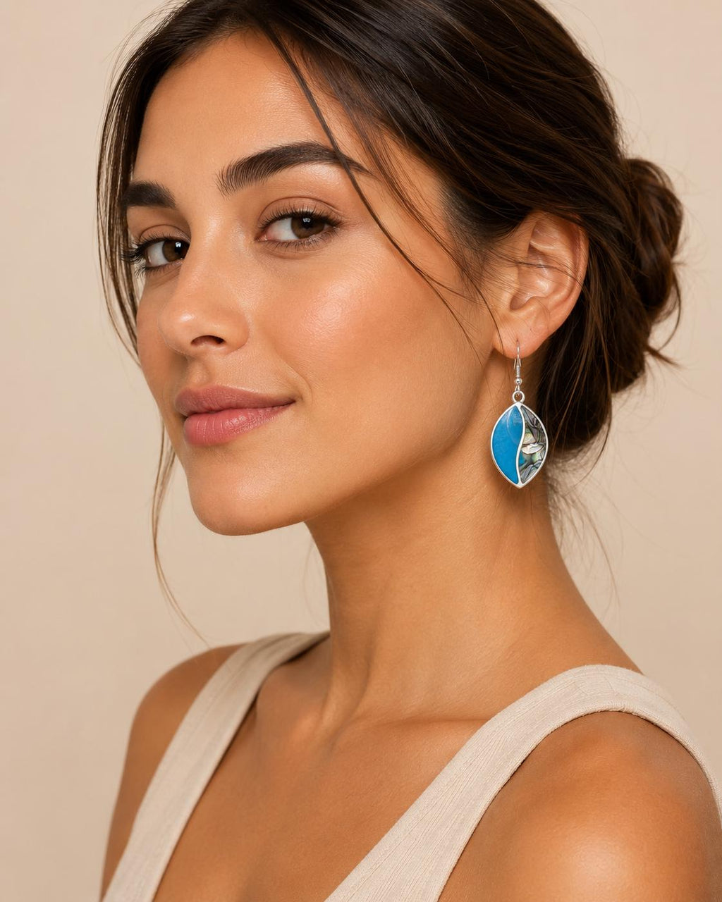 Handcrafted Mexican Abalone Shell Earrings, Blue Enamel, 950 Silver Dangle