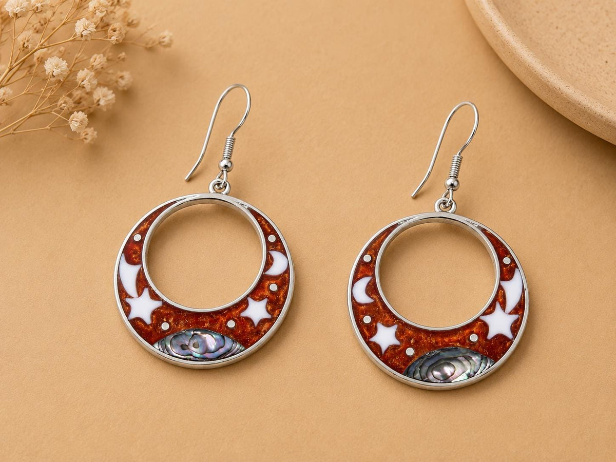 Silver Plated Celestial Earrings with Abalone Moon, Stars – Boho Chic Taxco Jewelry