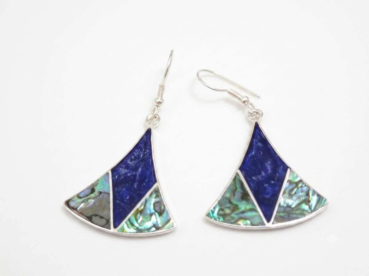 Art Deco Abalone Inlay Triangle Earrings – Silver Plated Mexican Jewelry