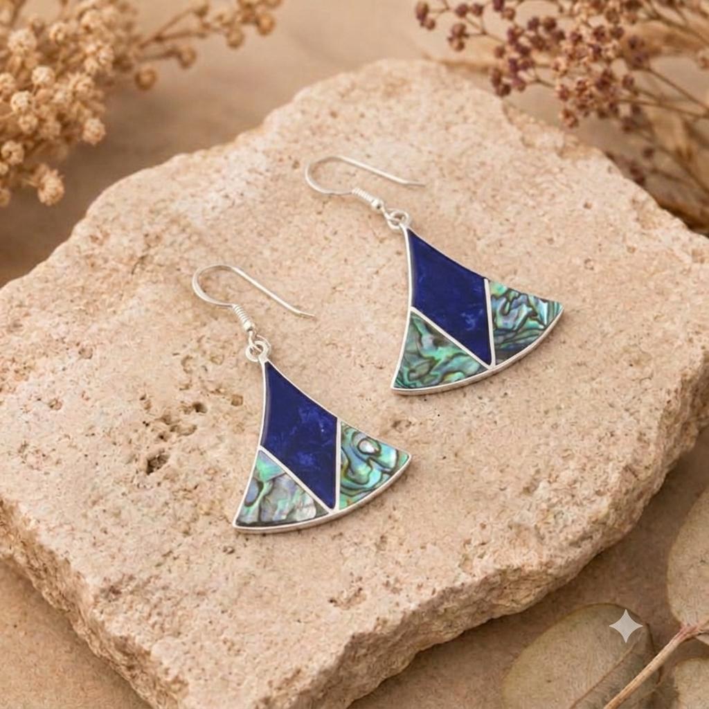 Art Deco Abalone Inlay Triangle Earrings – Silver Plated Mexican Jewelry