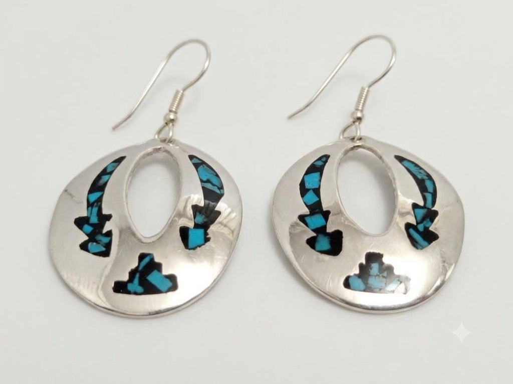 Silver Plated Aztec Earrings – Blue Black Resin, Taxco Mexican Artisan Jewelry