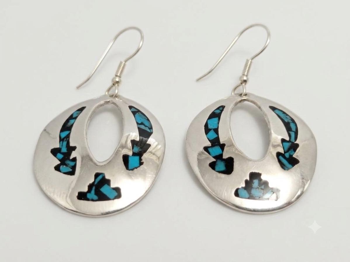 Silver Plated Aztec Earrings – Blue Black Resin, Taxco Mexican Artisan Jewelry