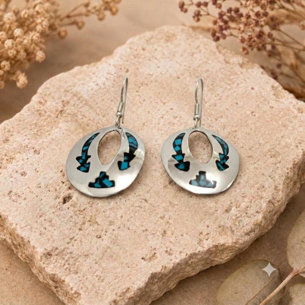 Silver Plated Aztec Earrings – Blue Black Resin, Taxco Mexican Artisan Jewelry