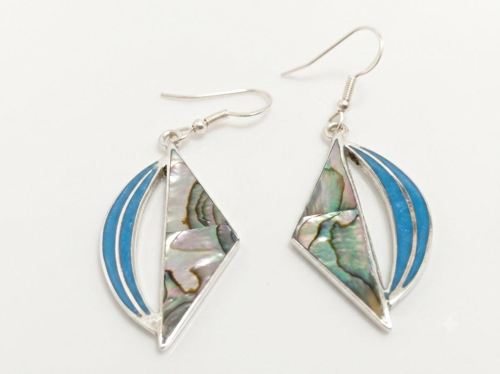 Art Deco Silver Plated Abalone Triangle Earrings – Blue Enamel Effect Resin, Taxco Mexico