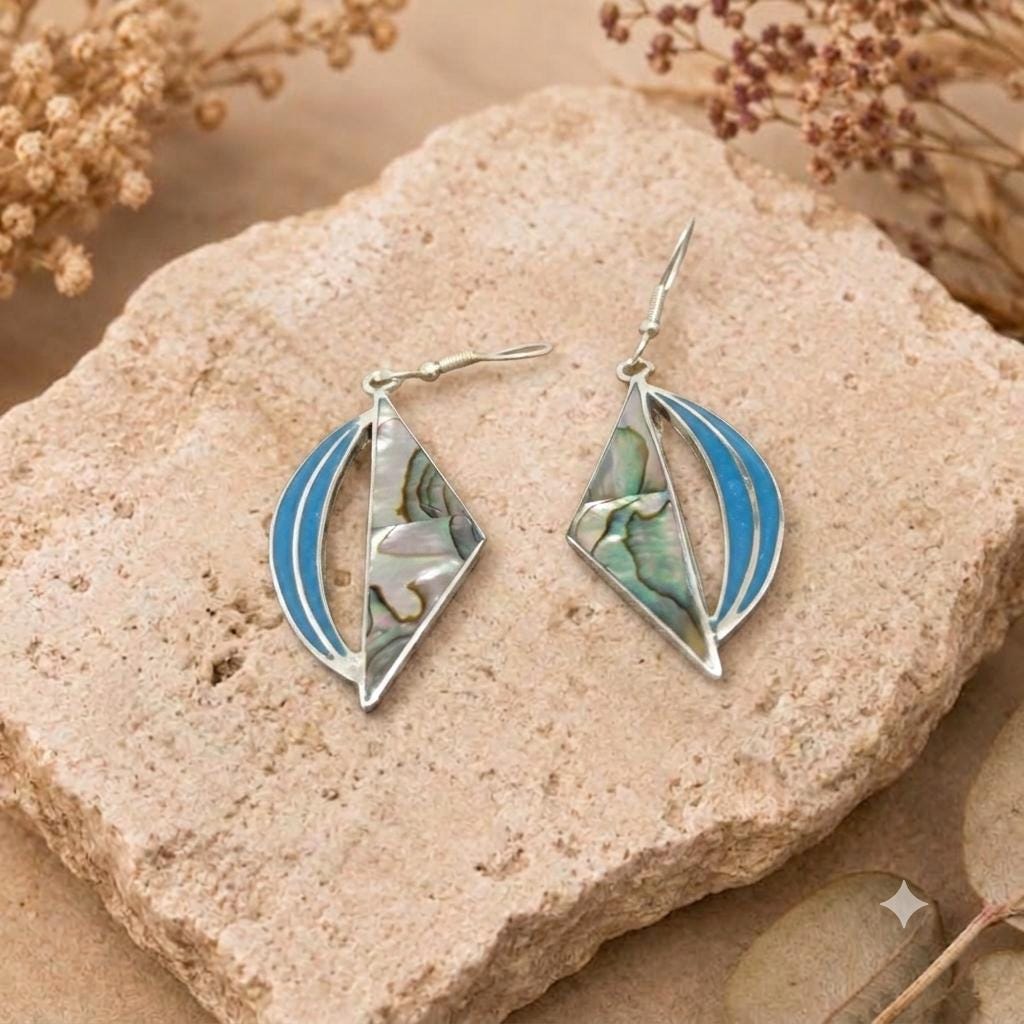 Art Deco Silver Plated Abalone Triangle Earrings – Blue Enamel Effect Resin, Taxco Mexico