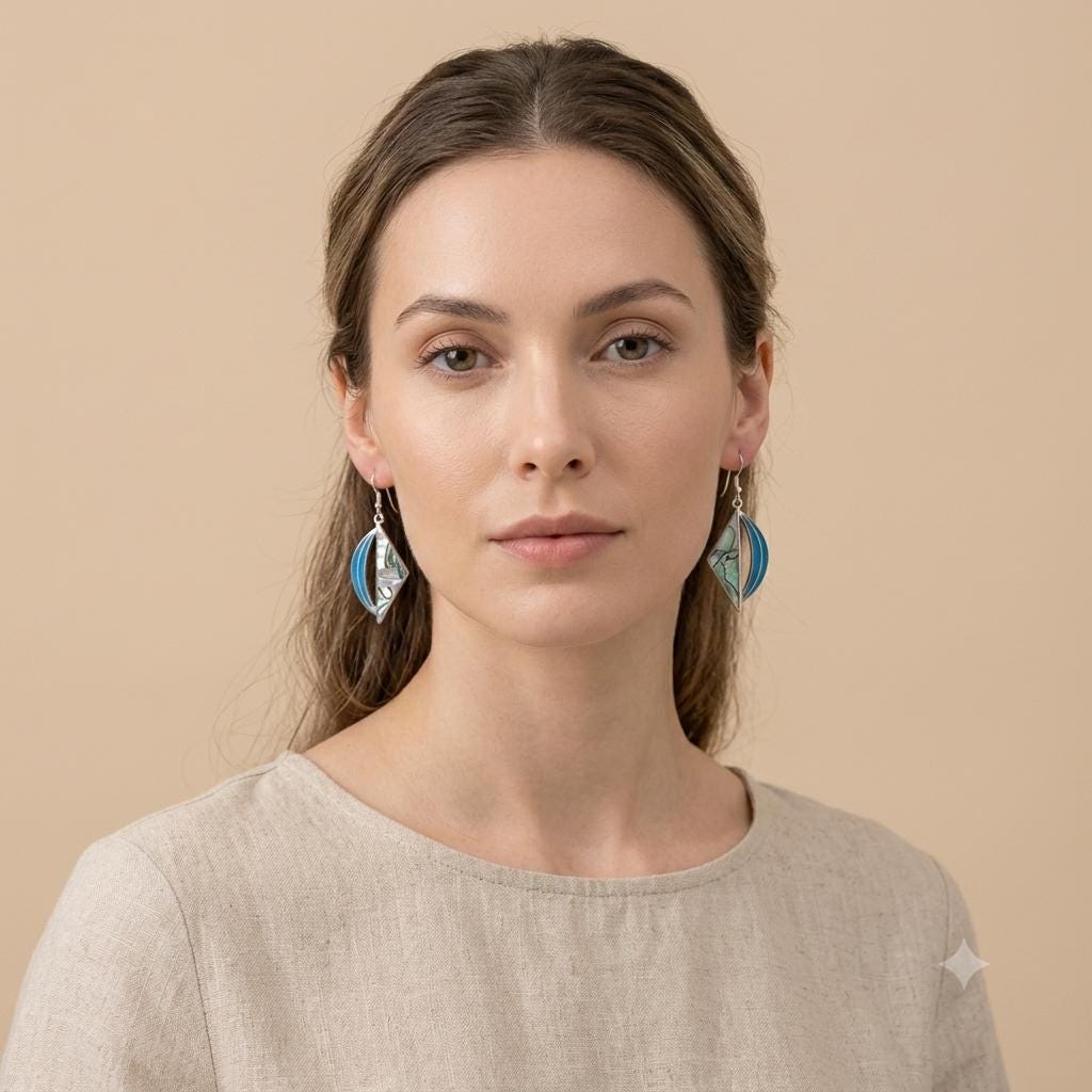 Art Deco Silver Plated Abalone Triangle Earrings – Blue Enamel Effect Resin, Taxco Mexico
