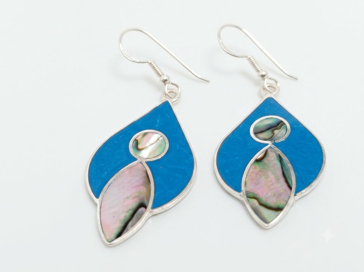 Taxco Silver Earrings with Abalone Shell & Blue Resin – Geometric Boho Dangles