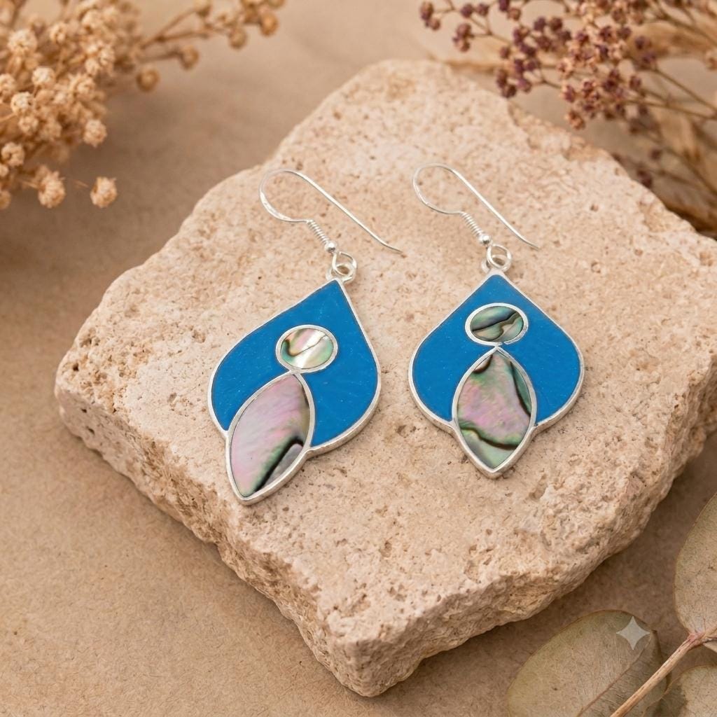 Taxco Silver Earrings with Abalone Shell & Blue Resin – Geometric Boho Dangles
