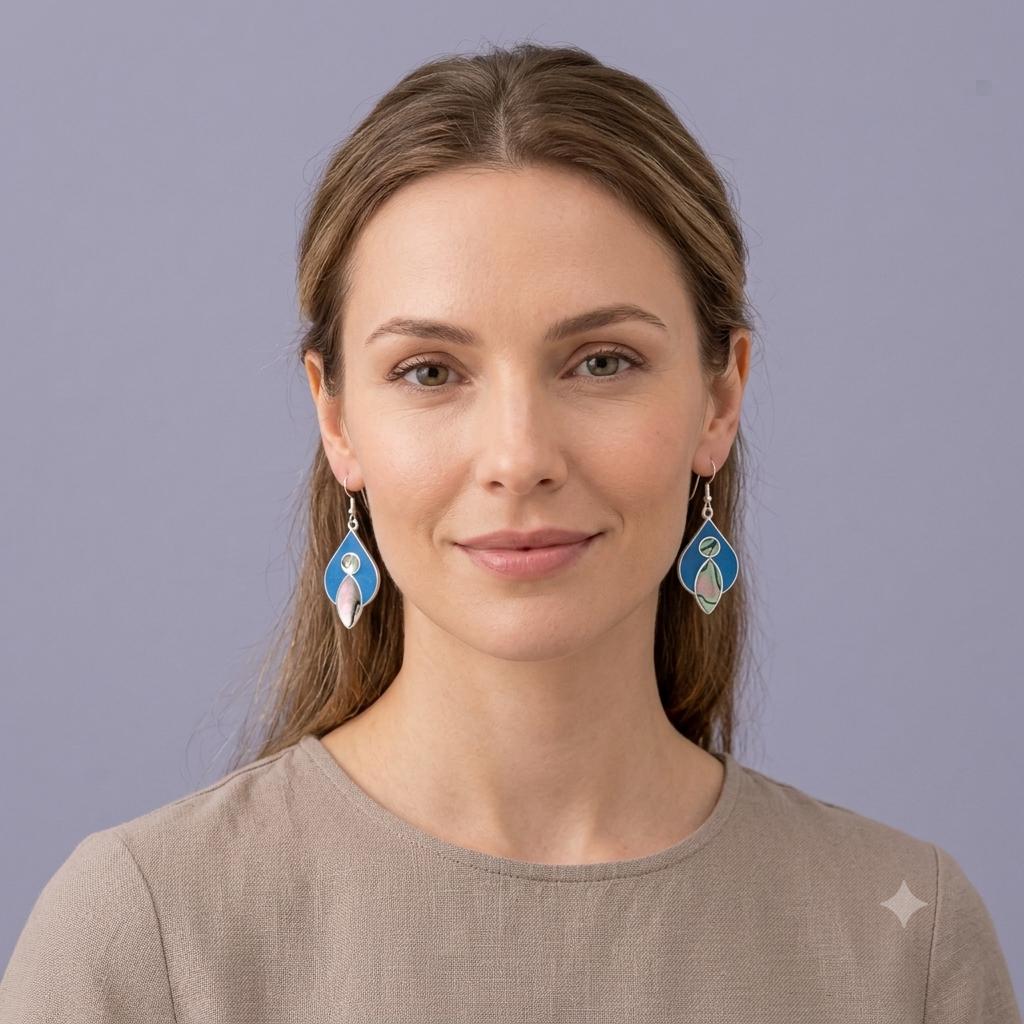 Taxco Silver Earrings with Abalone Shell & Blue Resin – Geometric Boho Dangles