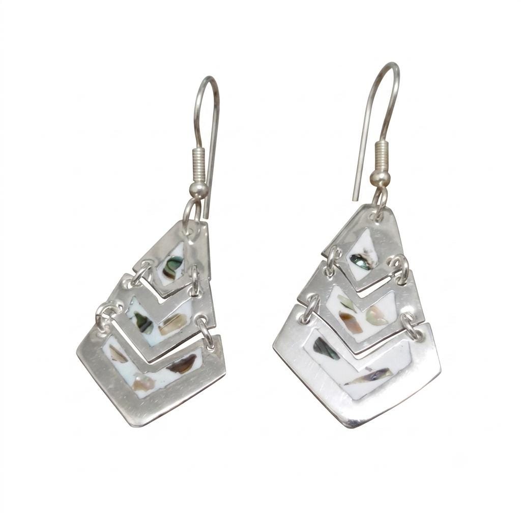 Handcrafted Silver Plated Abalone Earrings from Mexico - Unique Aztec Pyramid Design - Lightweight Artisan Jewelry
