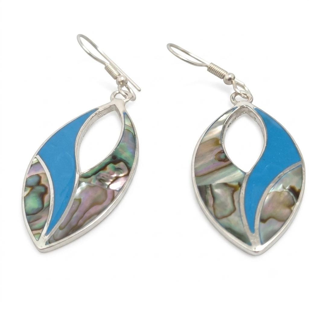 Handcrafted Mexican Abalone Shell Earrings: Silver Plated Blue Enamel Resin, Taxco Artisanal Jewelry