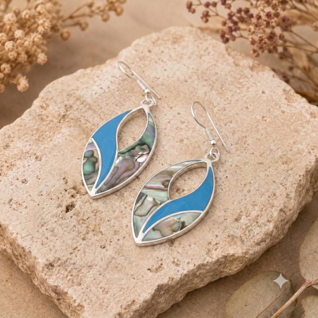 Handcrafted Mexican Abalone Shell Earrings: Silver Plated Blue Enamel Resin, Taxco Artisanal Jewelry