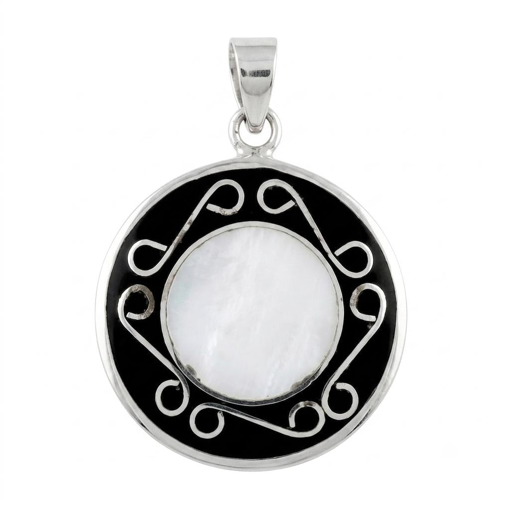 Artisan Silver Plated Pendant, Mother of Pearl Black Resin – Aztec Boho Jewelry (Taxco, Mexico)