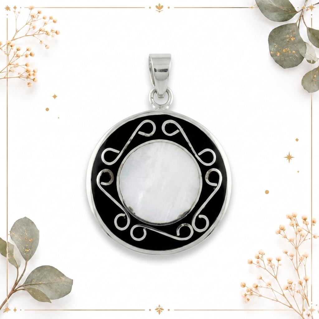 Artisan Silver Plated Pendant, Mother of Pearl Black Resin – Aztec Boho Jewelry (Taxco, Mexico)