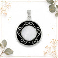 Artisan Silver Plated Pendant, Mother of Pearl Black Resin – Aztec Boho Jewelry (Taxco, Mexico)
