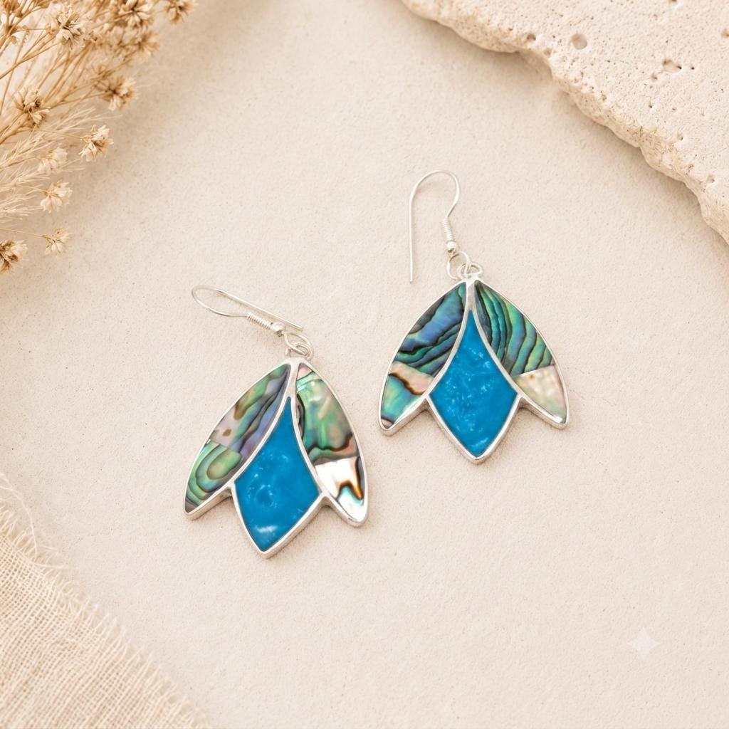 Silver Plated Abalone Shell Tulip Earrings – Blue Resin, Taxco Art Deco Design