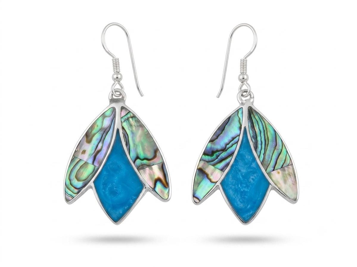 Silver Plated Abalone Shell Tulip Earrings – Blue Resin, Taxco Art Deco Design