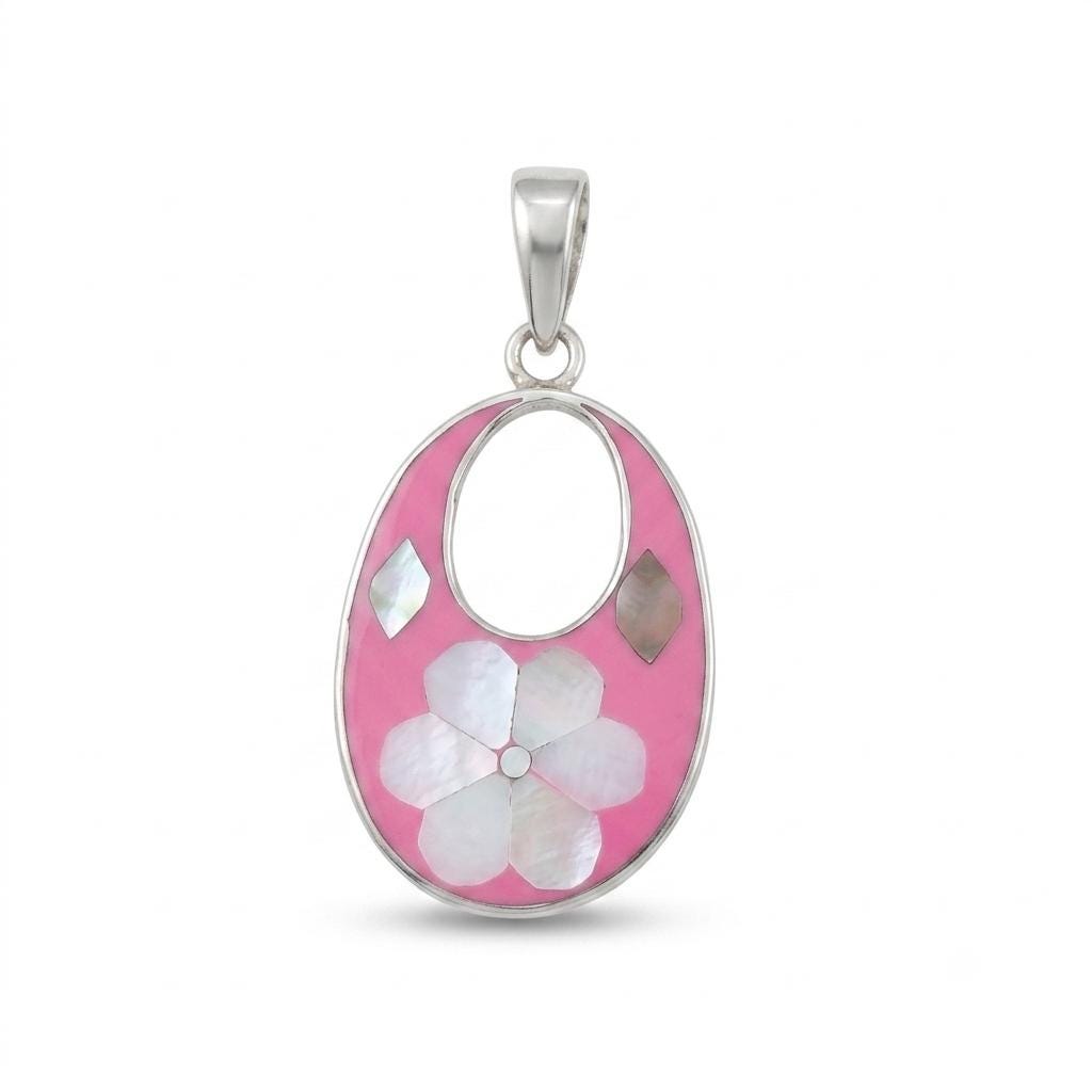 Silver Plated Mexican Pendant – Mother of Pearl Flower, Pink Resin, Boho Chic Style