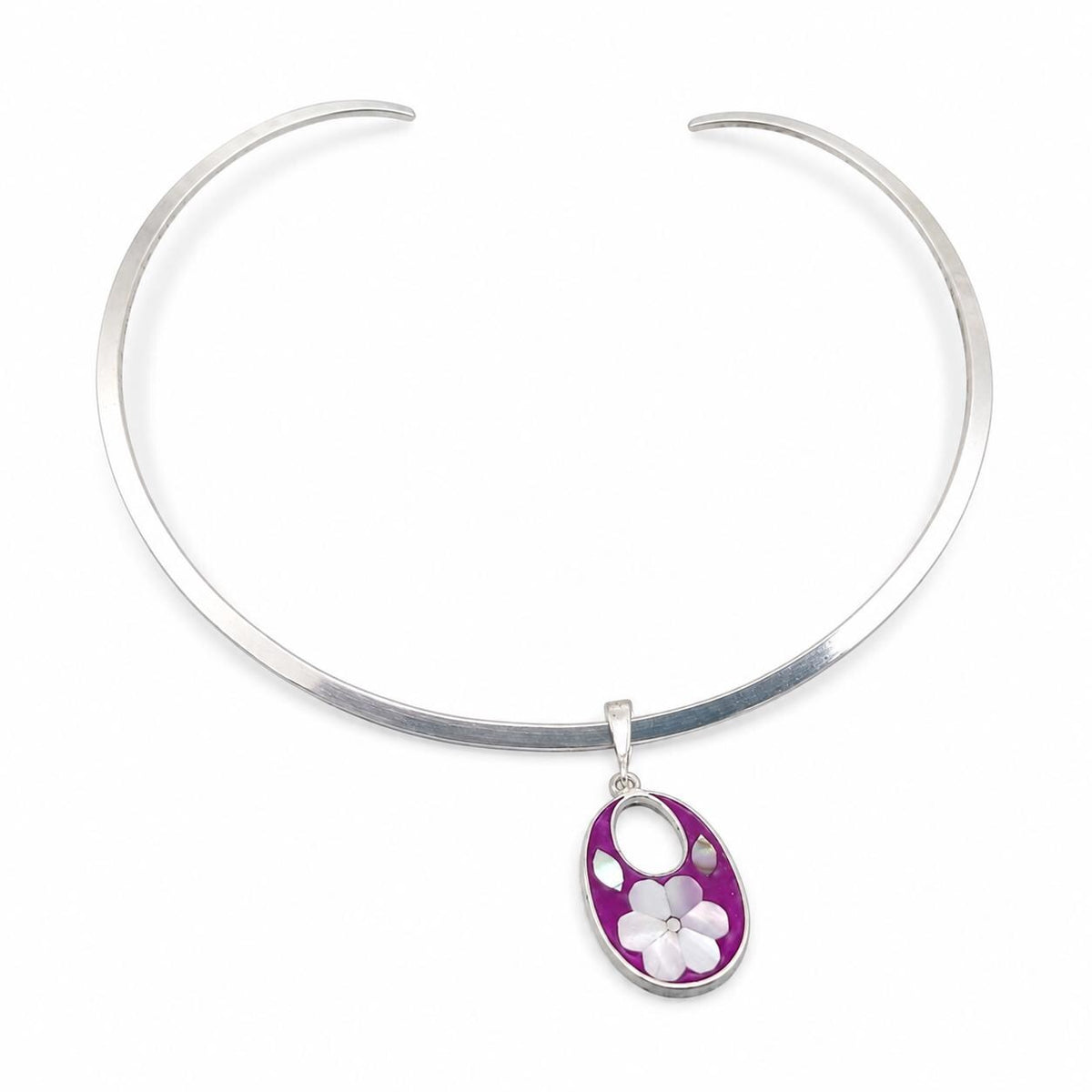 Silver Plated Choker with Mexican Abalone Daisy Pendant – Statement Necklace