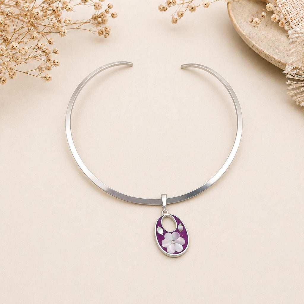 Silver Plated Choker with Mexican Abalone Daisy Pendant – Statement Necklace