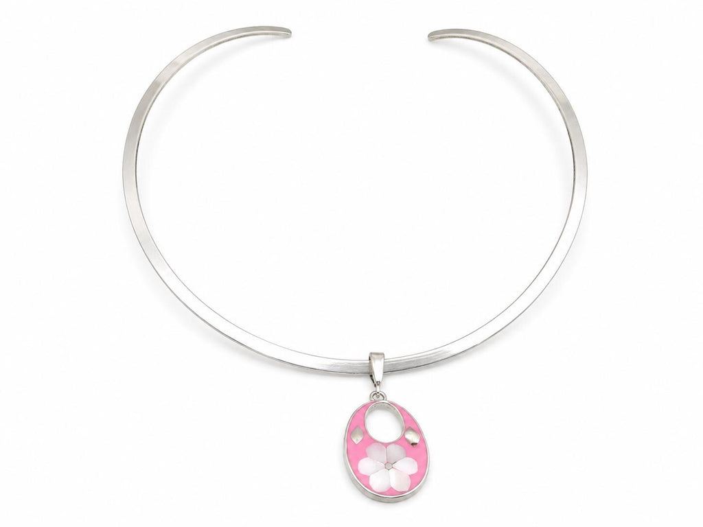 Silver Plated Choker with Pink Daisy Abalone Pendant – Mexican Statement Necklace