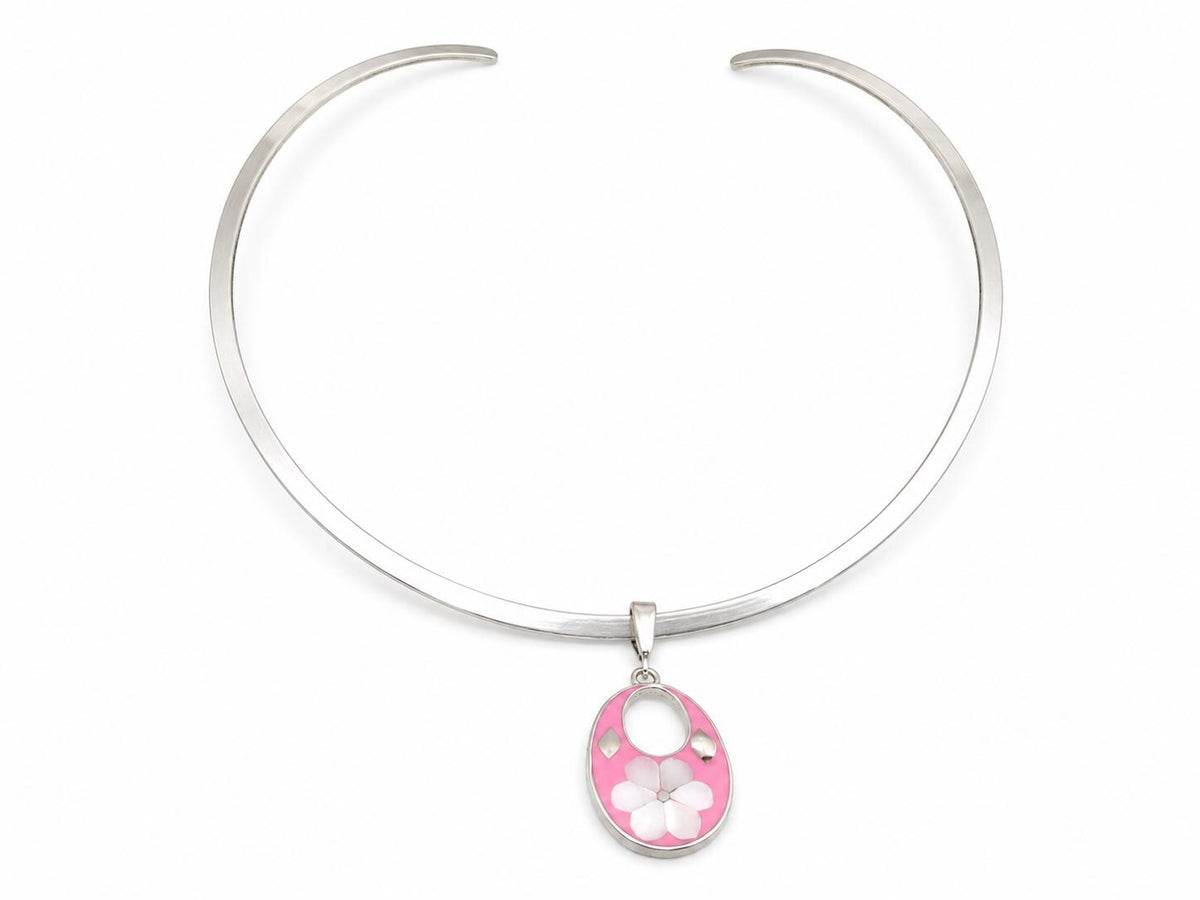 Silver Plated Choker with Pink Daisy Abalone Pendant – Mexican Statement Necklace
