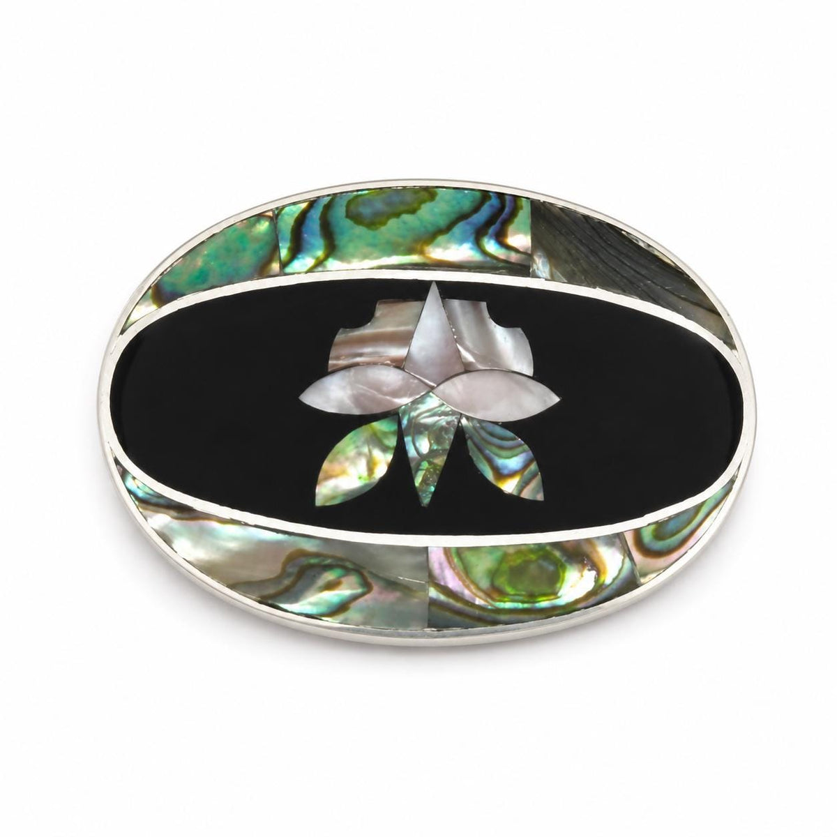 Silver Plated Abalone Inlay Tulip Pendant Brooch: Art Deco Enamel Handcrafted in Taxco, Mexico