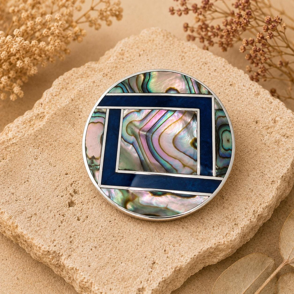Artisan Mexican Abalone Blue Enamel Geometric Brooch Pendant – Silver Plated Azteca Art Deco