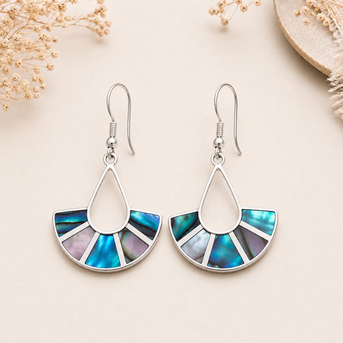 Handcrafted Silver Plated Abalone Shell Fan Earrings, Art Deco Style from Taxco, Mexico