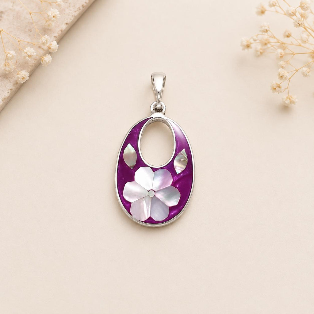 Silver Plated Mexican Flower Pendant: Mother of Pearl Inlay Boho Chic Taxco Jewelry