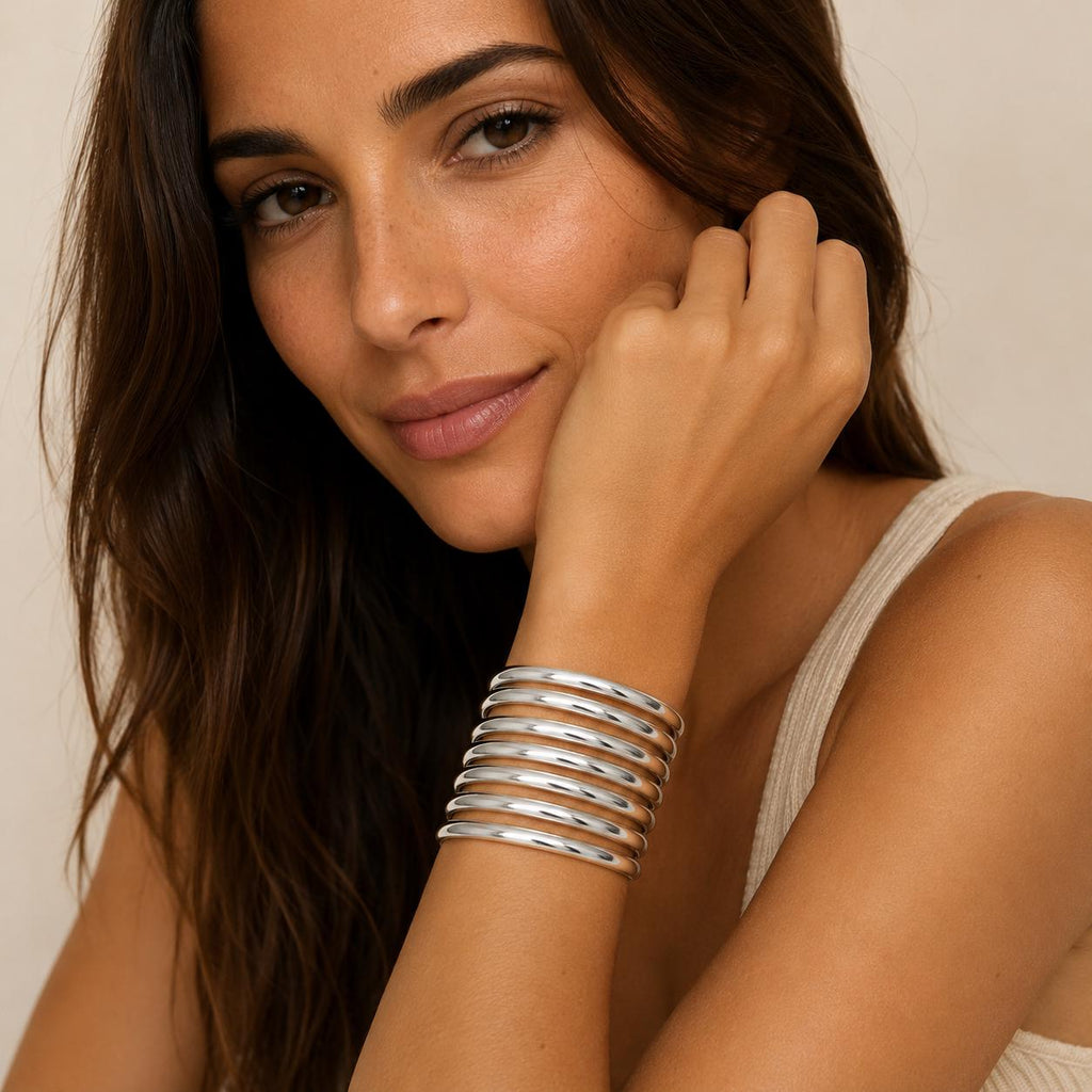 Boho Mexican Silver Plated Bangle Set: 7 Weekly Bracelets