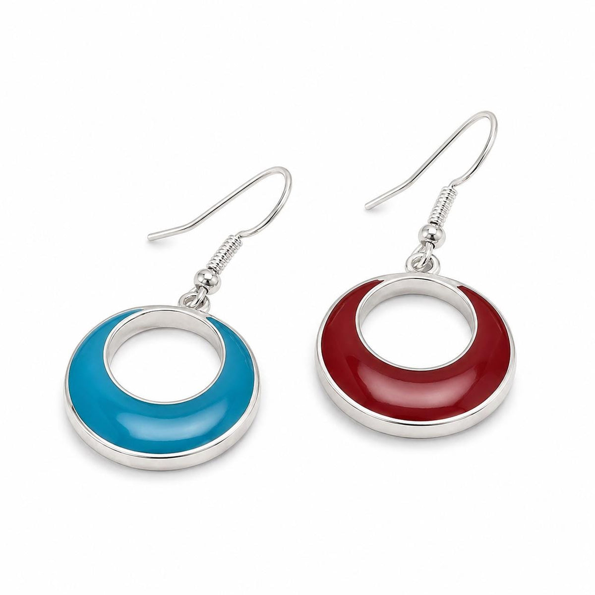 Handcrafted Reversible Silver-Plated Hoop Earrings with Red and Blue Resin - Unique 2-in-1 Statement Jewelry