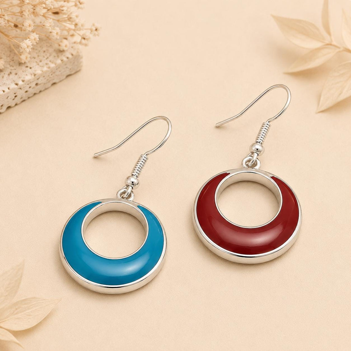 Handcrafted Reversible Silver-Plated Hoop Earrings with Red and Blue Resin - Unique 2-in-1 Statement Jewelry