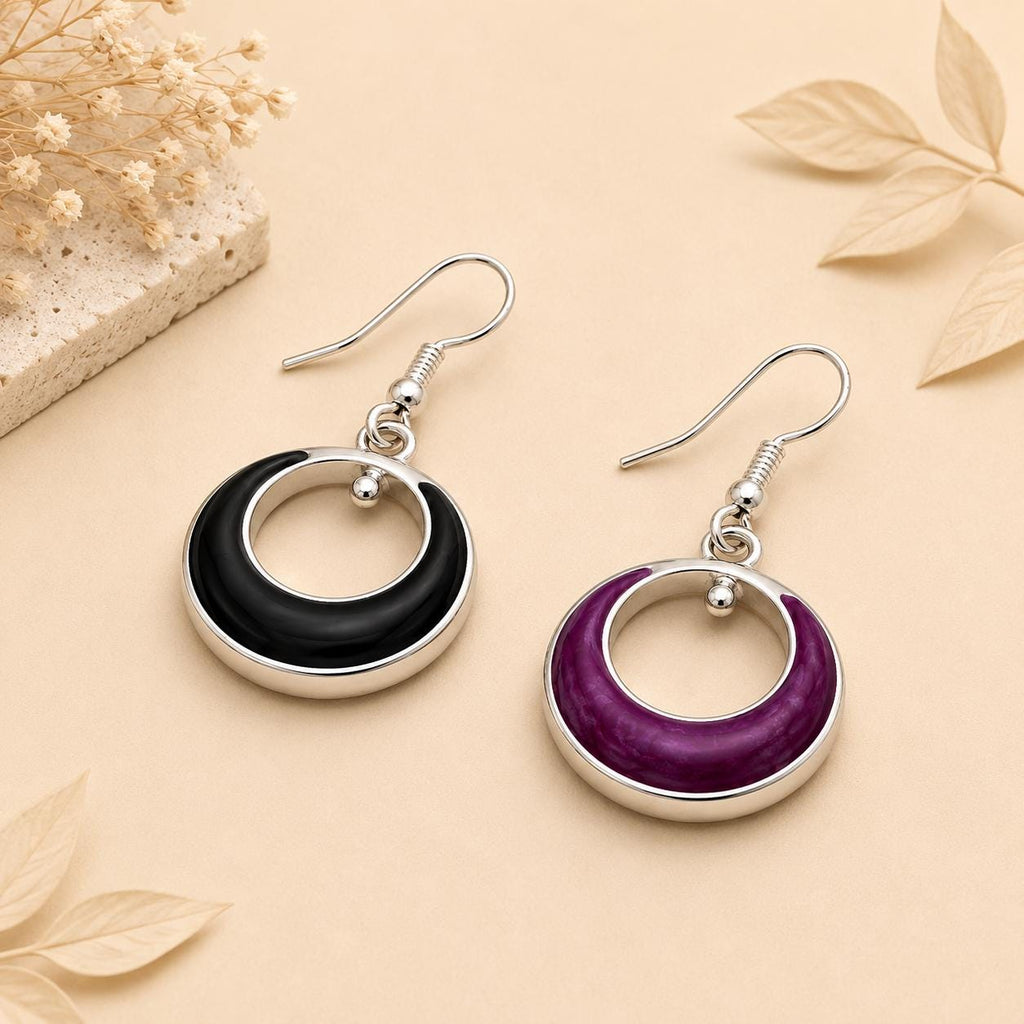 Fashionable Reversible Silver Plated Hoop Earrings in Fuchsia & Black Resin