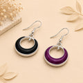 Fashionable Reversible Silver Plated Hoop Earrings in Fuchsia & Black Resin