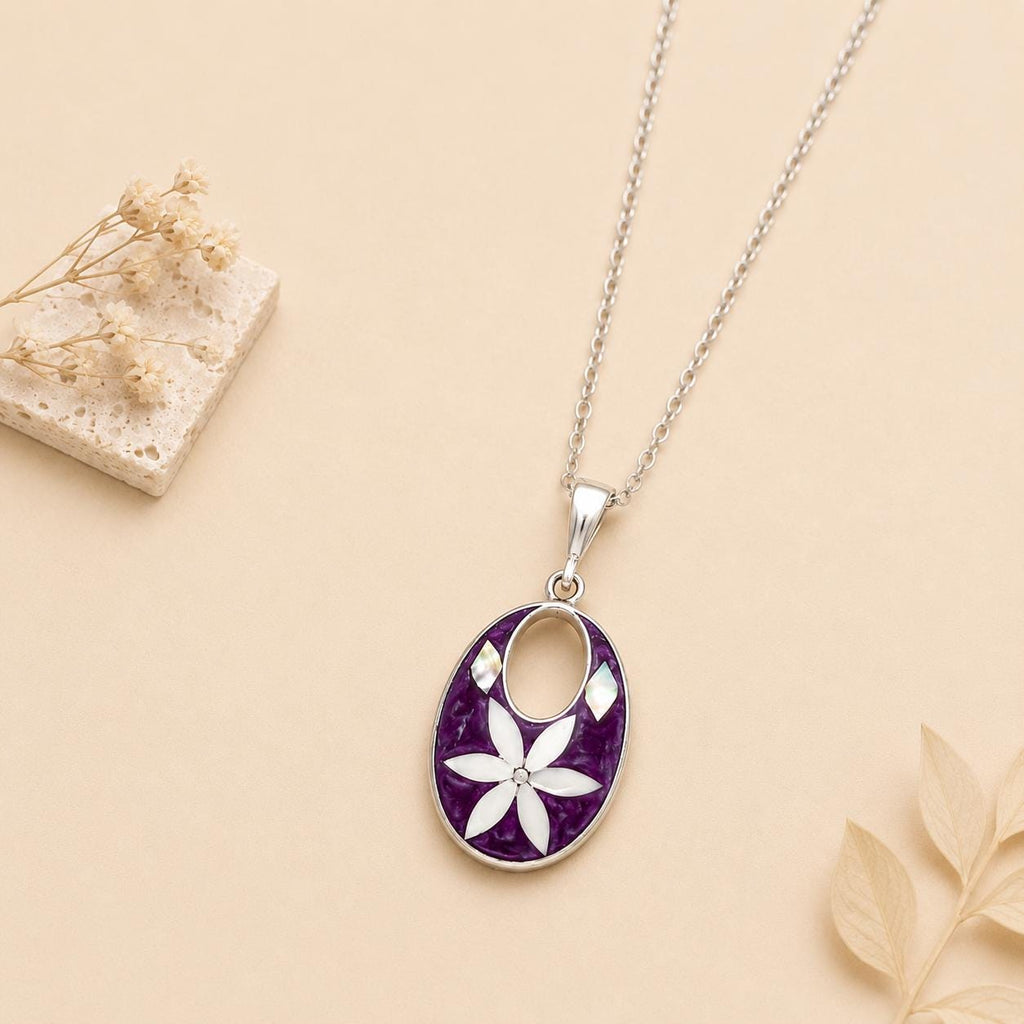 Vintage Mexican Silver Plated Necklace – Mother of Pearl Flower, Purple Resin Enamel Effect