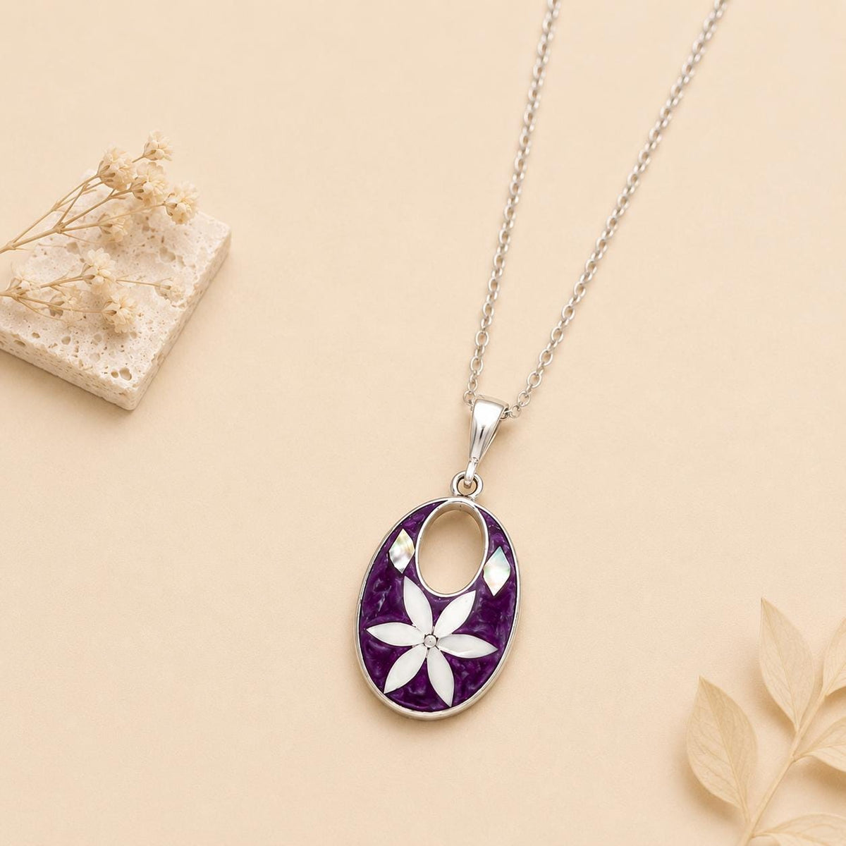 Vintage Mexican Silver Plated Necklace – Mother of Pearl Flower, Purple Resin Enamel Effect
