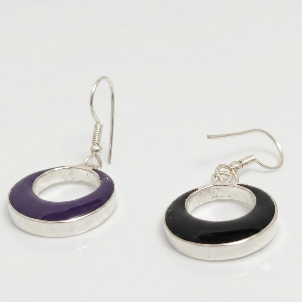 Silver Plated Hoop Earrings – Reversible Purple Black Resin, Taxco Handmade Jewelry