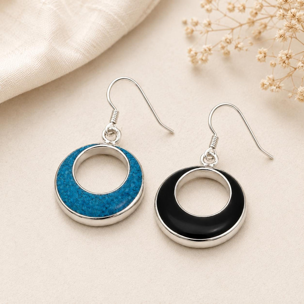 Reversible Silver Plated Hoop Earrings, Black Blue Resin, Taxco Artisan Jewelry