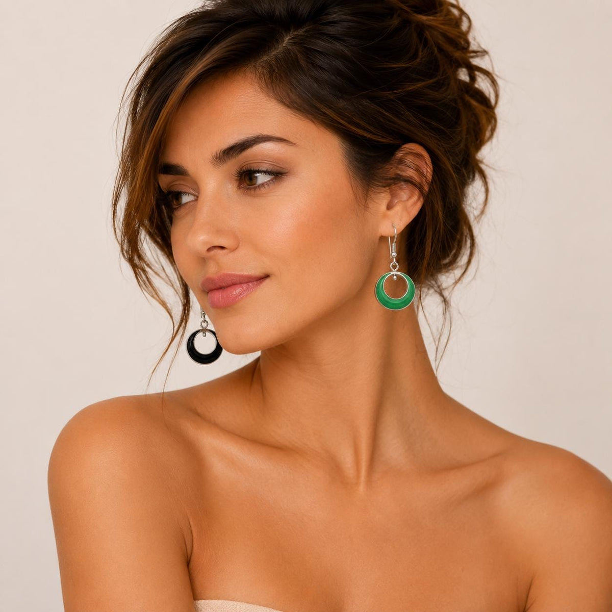 Reversible Resin Hoop Earrings – Silver Plated Green Black, Taxco Artisanal Jewelry