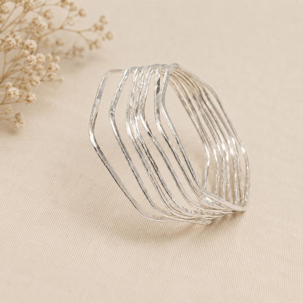 Set of 7 Silver Plated Hexagonal Bracelets – Boho Mexican Bangle Collection