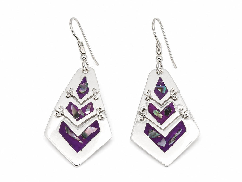 Artisan Silver Plated Earrings – Purple Abalone Inlay Dangle Design, Taxco Jewelry