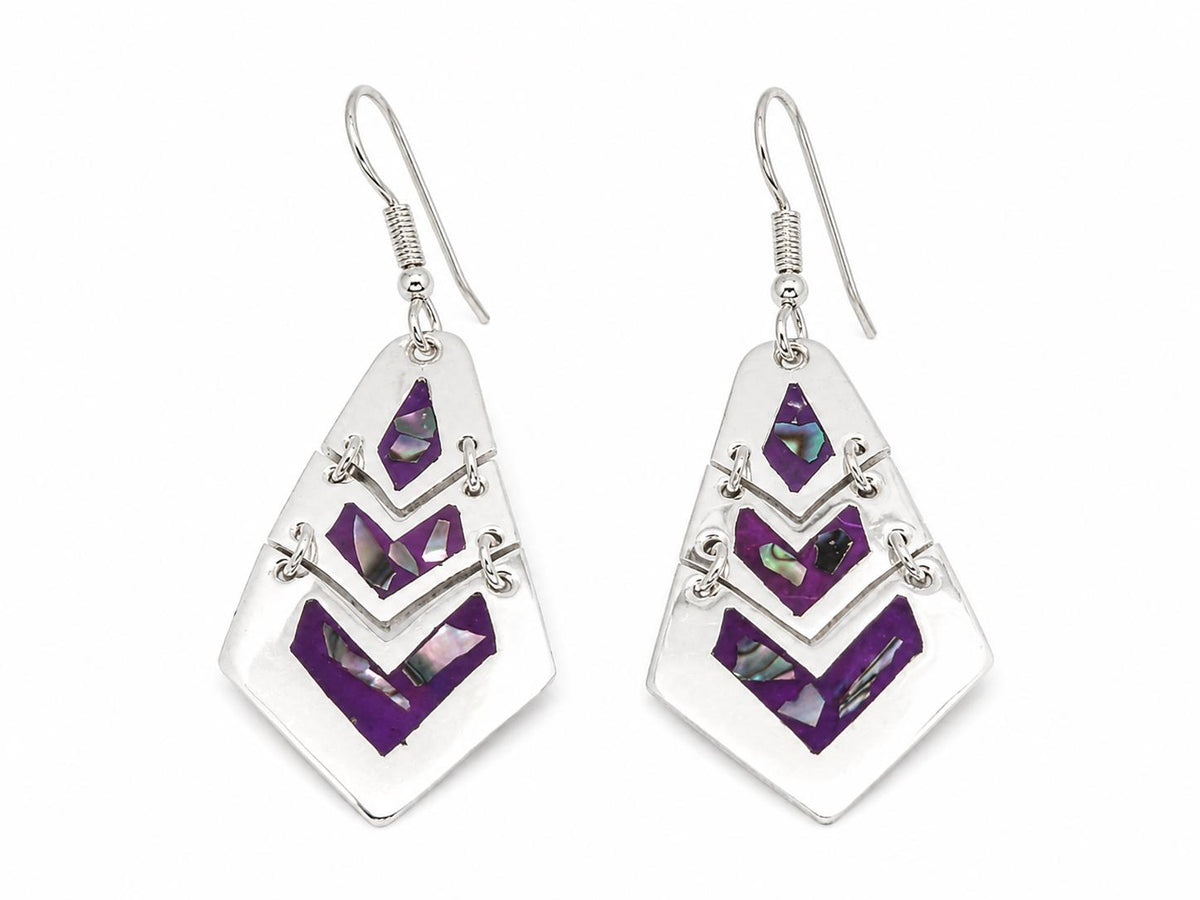 Artisan Silver Plated Earrings – Purple Abalone Inlay Dangle Design, Taxco Jewelry