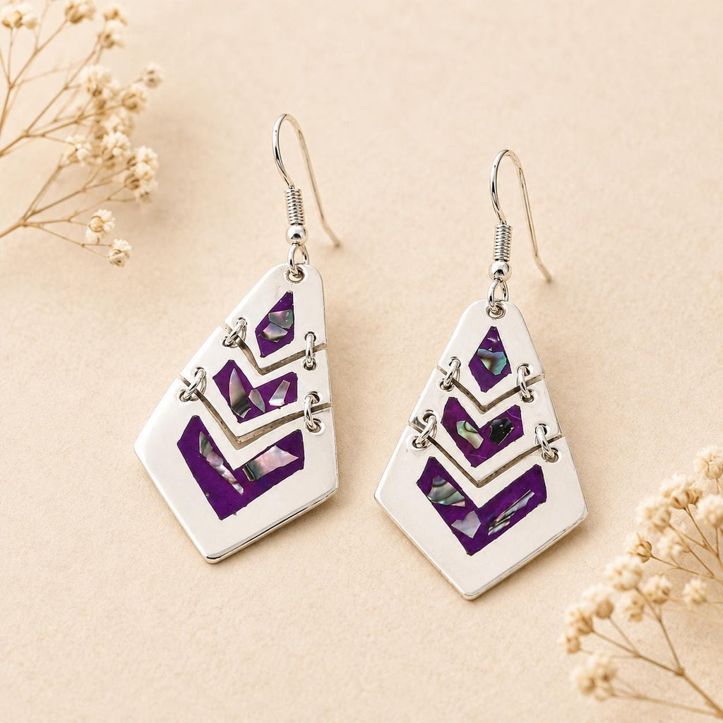 Artisan Silver Plated Earrings – Purple Abalone Inlay Dangle Design, Taxco Jewelry