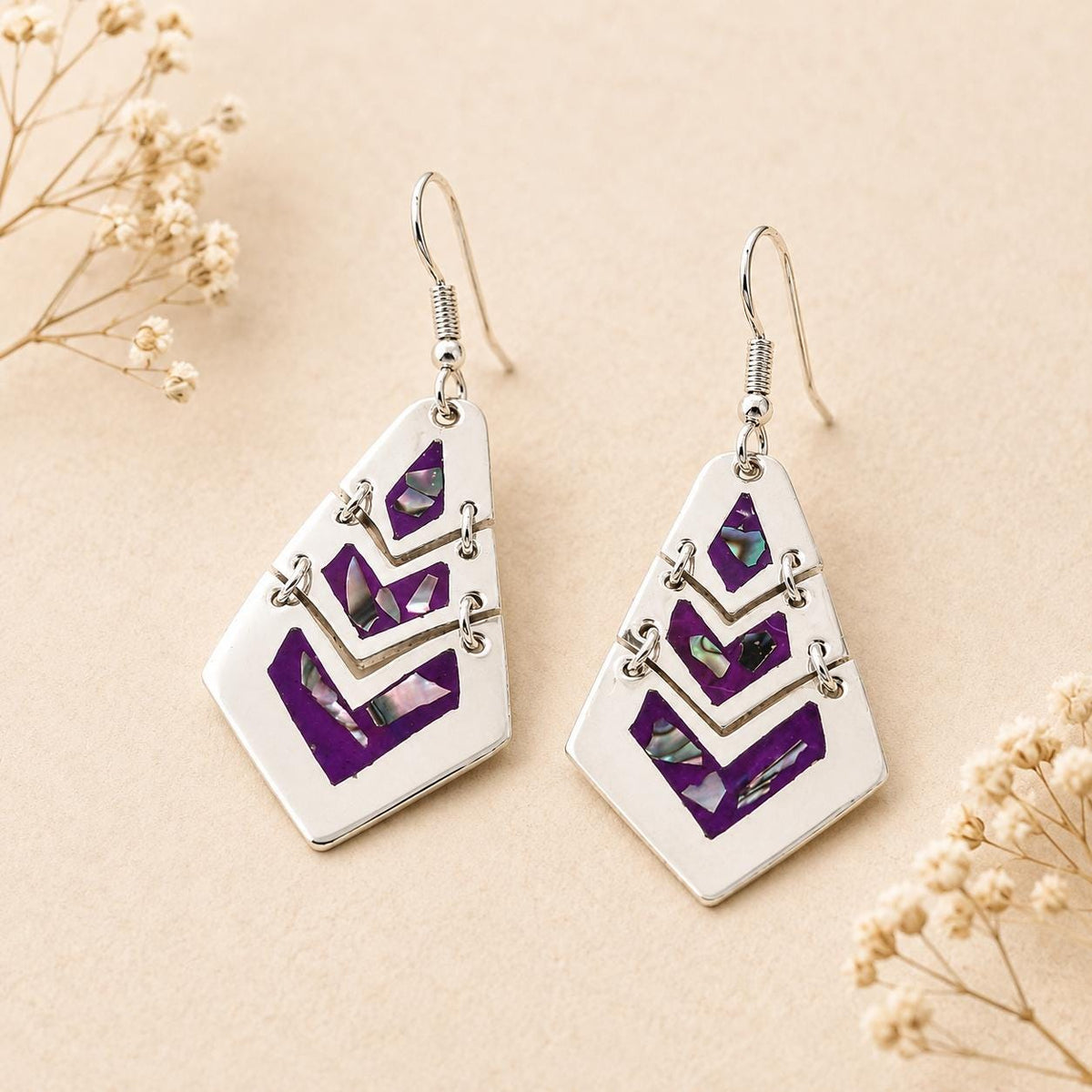 Artisan Silver Plated Earrings – Purple Abalone Inlay Dangle Design, Taxco Jewelry